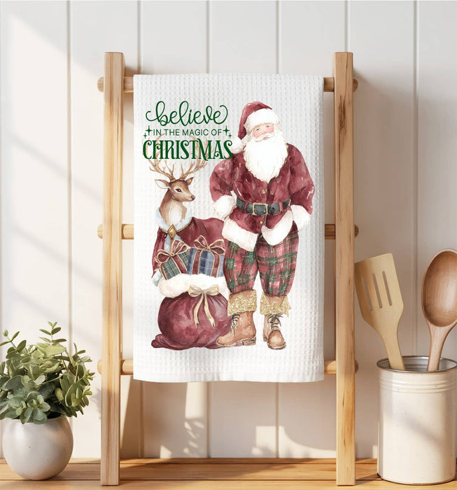Christmas Santa Burgundy Velvet Waffle Weave Towel
