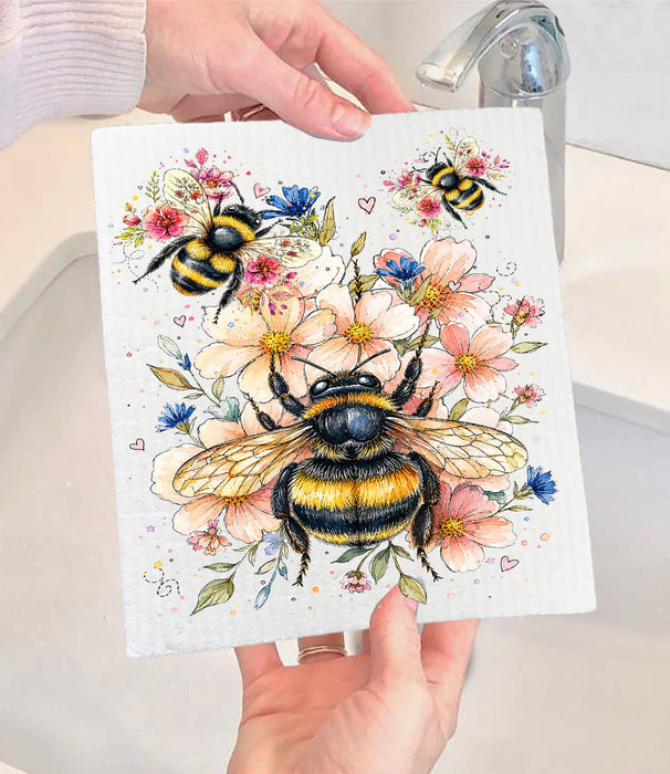 Watercolor Bees Flowers Swedish Dishcloth