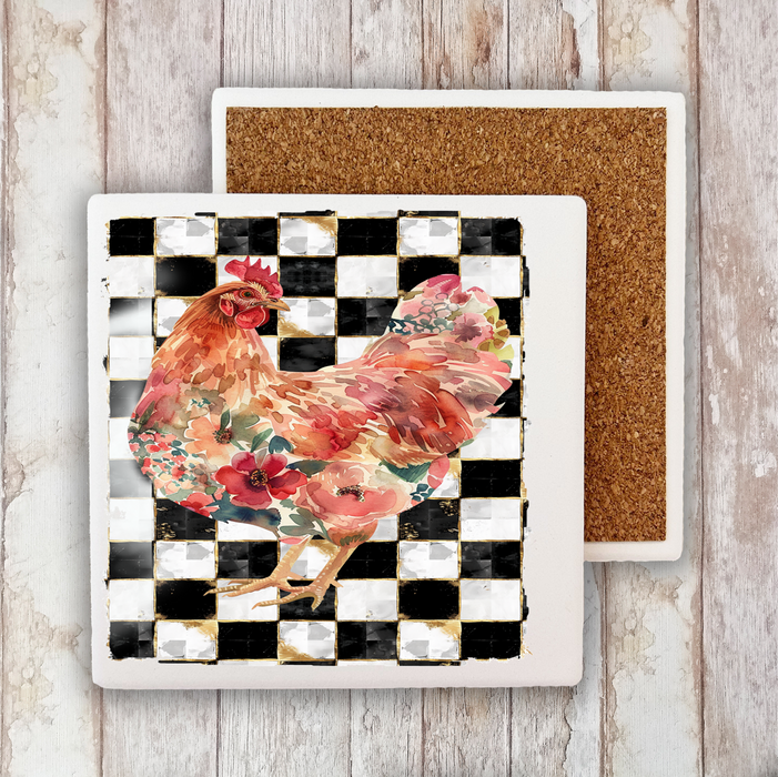 Checkered Colorful Chicken Stone Coaster