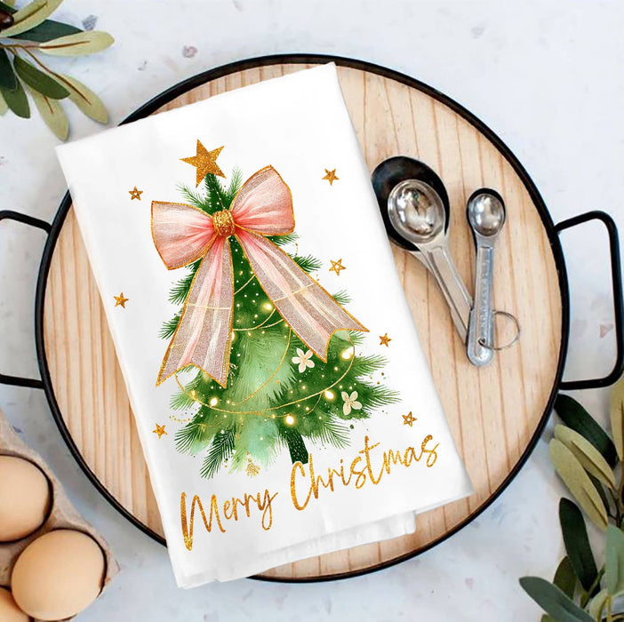 Merry Christmas tree Bow Gold  Tea Towel