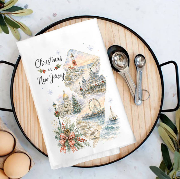 Christmas in New Jersey State Map Tea Towel