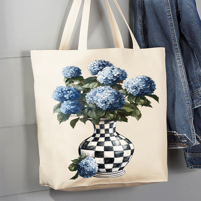 Checkered Vase with Blue Hydrangeas Canvas Tote Bag