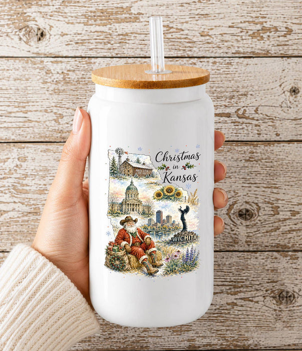 Christmas in Kansas State Map Glass Cup