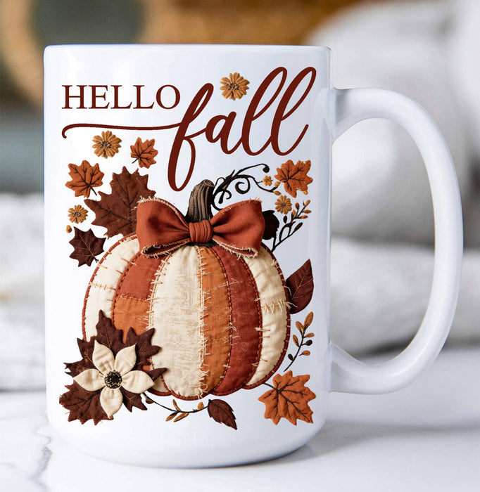Hello Fall Quilted Pumpkin  Coffee Mug