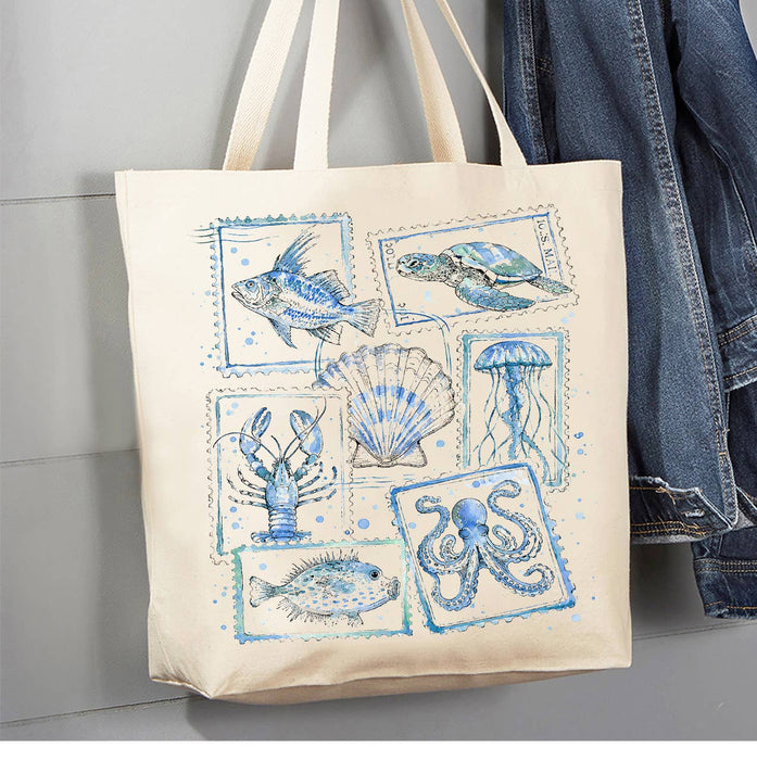Coastal Blue Ocean Vintage Stamps Canvas Tote Bag