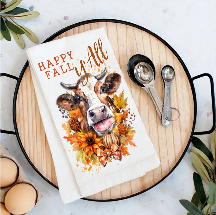 Autumn Happy Fall Y'All Cow Tea Towel