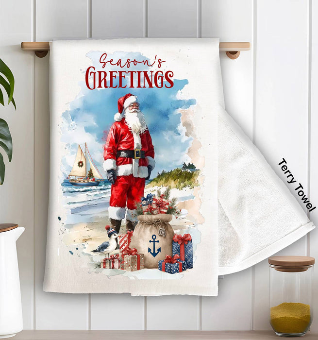 Coastal Christmas Santa on beach Kitchen Terry Towel
