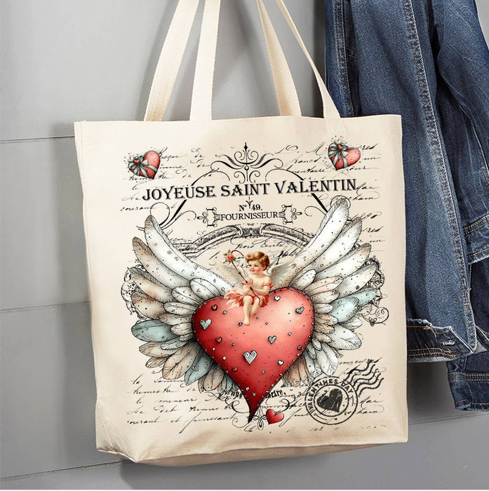 Vintage French Heart Cupid Valentine Canvas Tote Bag