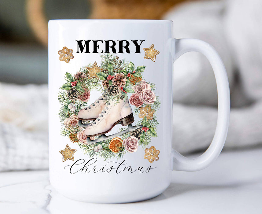 Merry Christmas Ice Skating Wreath Coffee Mug