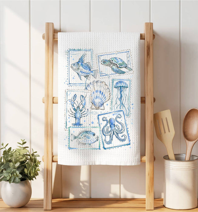 Coastal Blue Ocean Vintage Stamps Waffle Weave Towel