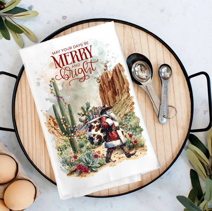 Christmas Cowboy Santa Cactus Desert Tea Towel