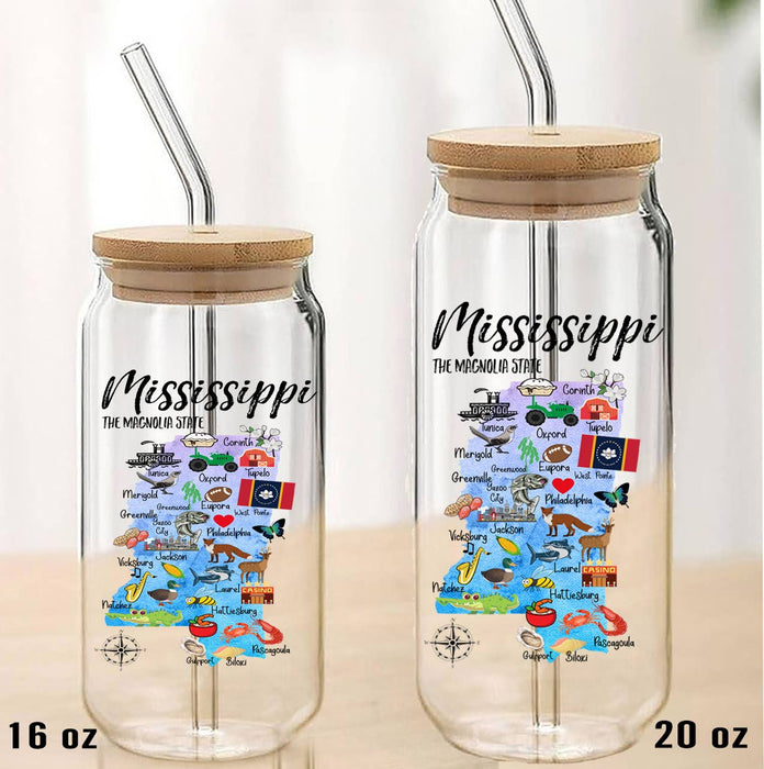 Mississippi State Map Can Glass with Lid and Straw