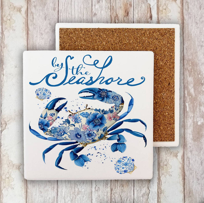 Floral Blue Crab by the Seashore Stone Coaster