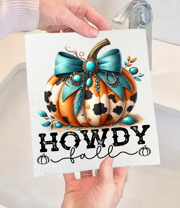 Howdy Fall Turquoise Pumpkin Swedish Dishcloth