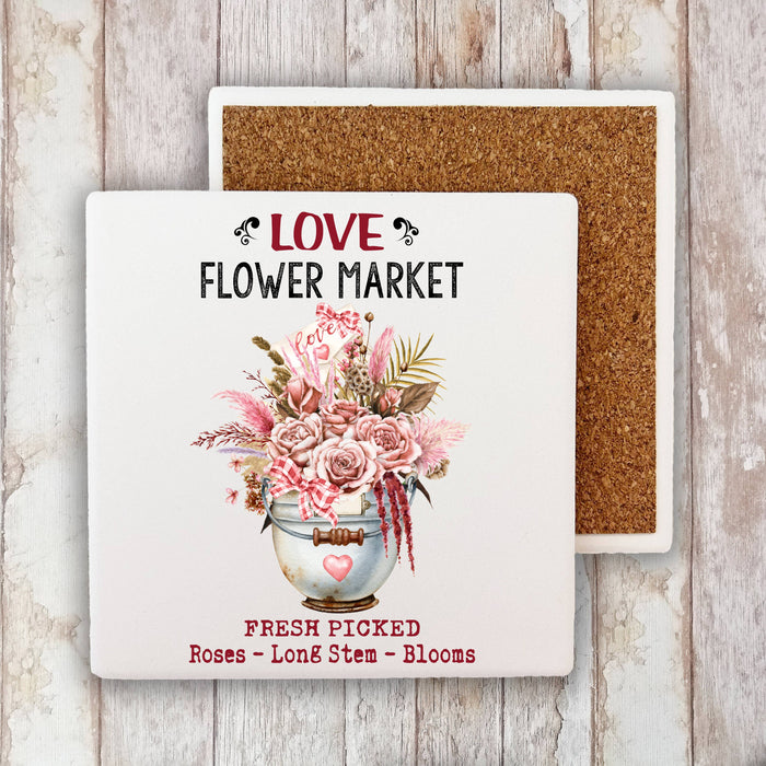 Valentine Love Boho Flower Market Stone Coaster