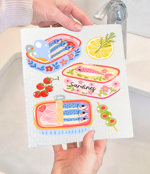 Cute Sardines in Tin fish Coastal Swedish Dishcloth