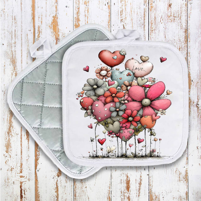 Valentine Whimsical Hearts Flowers Pot Holder Oven Mitt