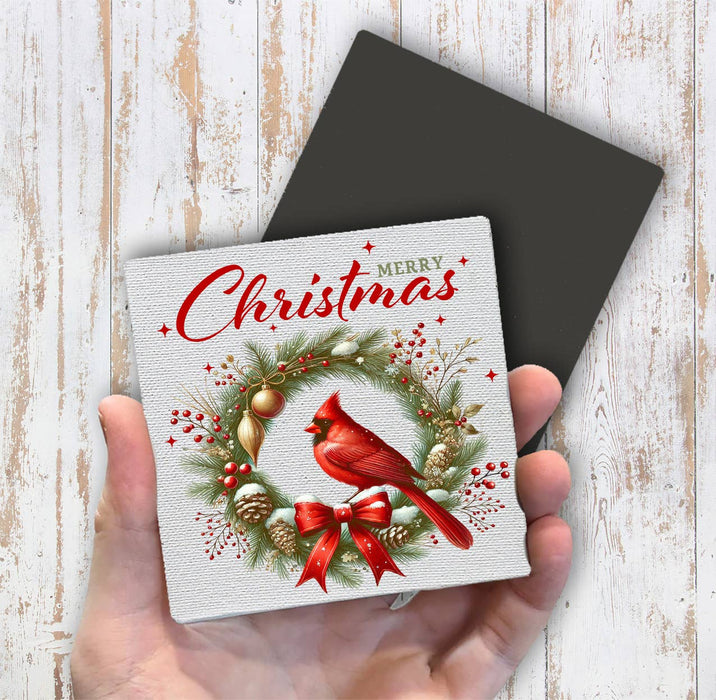 Merry Christmas Wreath Cardinal Bird Magnet Fridge