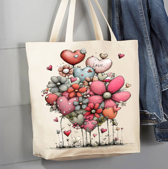Valentine Whimsical Hearts Flowers Canvas Tote Bag