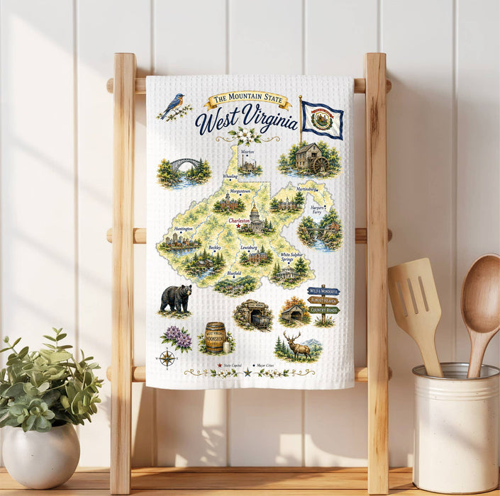 West Virginia State Map Landmark Waffle Weave Towel