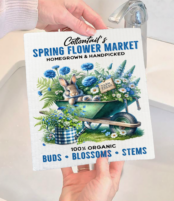 Blue Springs Flowers Bunny Swedish Dishcloth