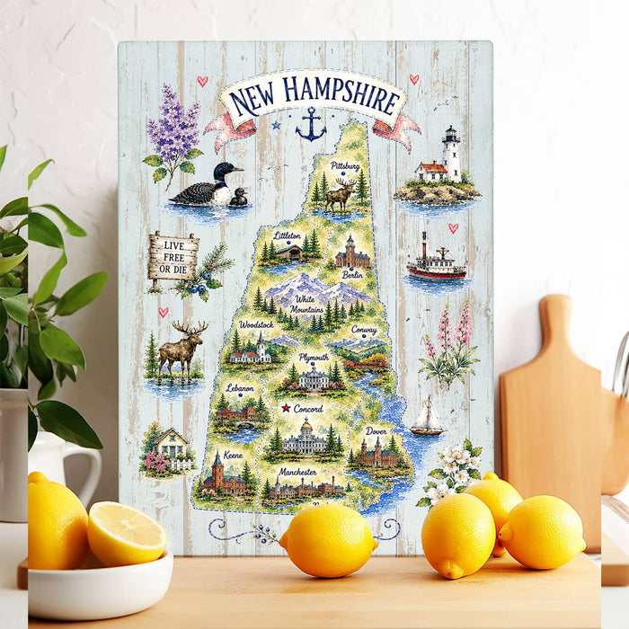 New Hampshire State Map Landmark Glass Cutting Board