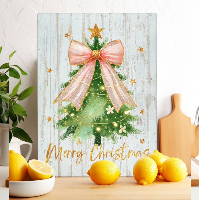 Merry Christmas tree Bow Gold  Glass Cutting Board Trivet