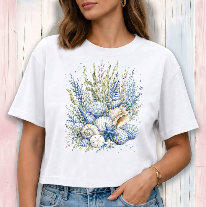 Coastal Blue Sea Shells Bouquet Cropped T-Shirt