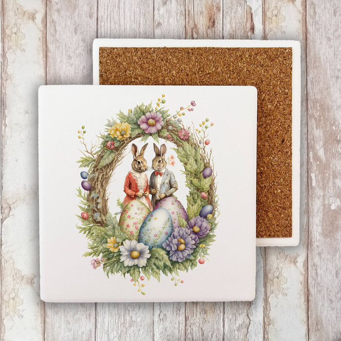 Easter Vintage Victorain Bunnies Stone Coaster