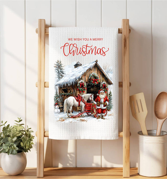 Merry Christmas Horse Barn Santa Waffle Weave Towel