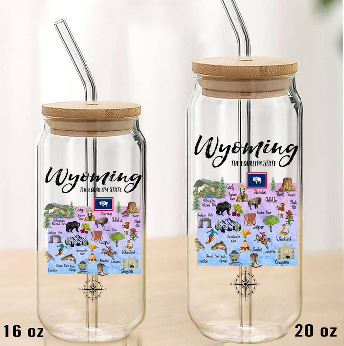 Wyoming State Map Can Glass with Lid and Straw