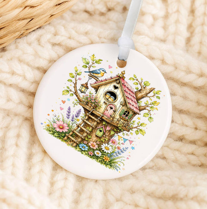 Spring Birds in Birdhouse Flowers Ornament