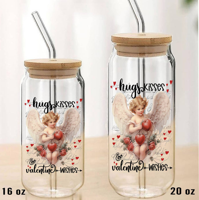 Vintage Angel Cupid Hugs Kisses Valentine Can Glass