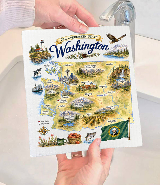 Washington State Map Landmark Swedish Dishcloth