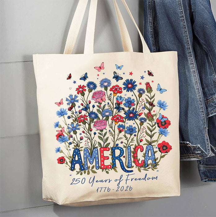 Patriotic Flowers 250 Anniversary America Canvas Tote Bag