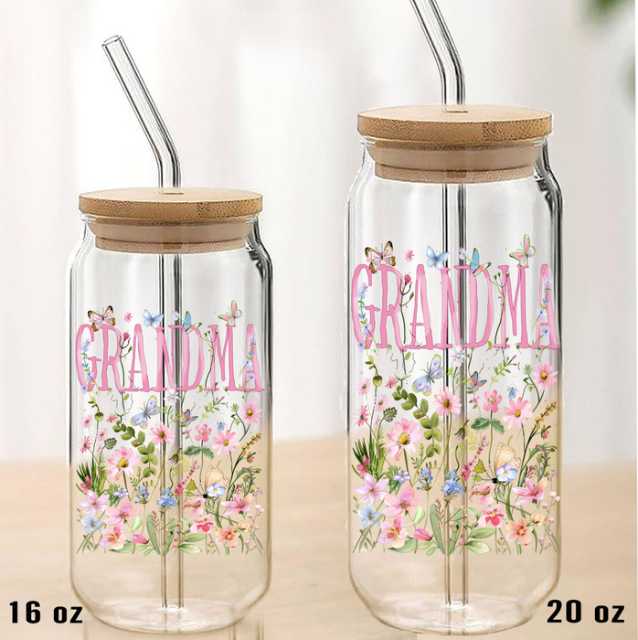 Mother's Day Wild Flowers Grandma Can Glass with Lid Straw