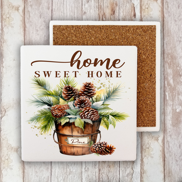 Home Sweet Home Bucket Pine Cones Stone Coaster