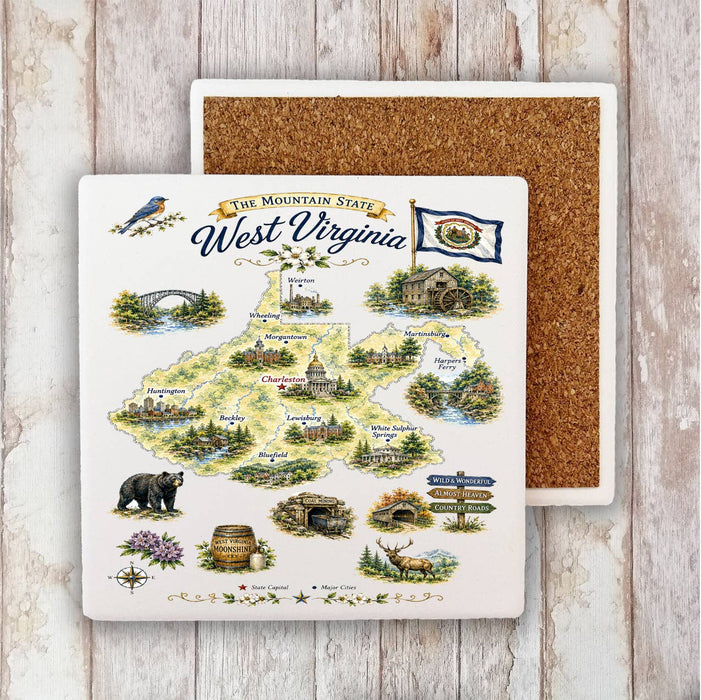 West Virginia State Map Landmark Stone Coaster