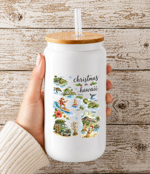 Christmas in Hawaii State Map Glass Cup