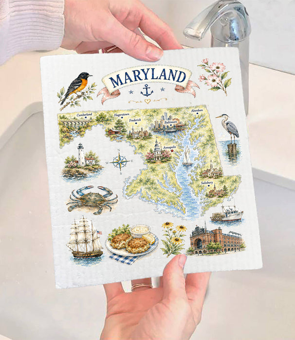 Maryland State Map Landmark Swedish Dishcloth