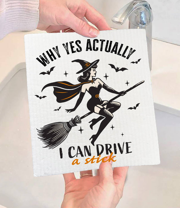 Halloween Retro I can Drive a Stick Swedish Dishcloth