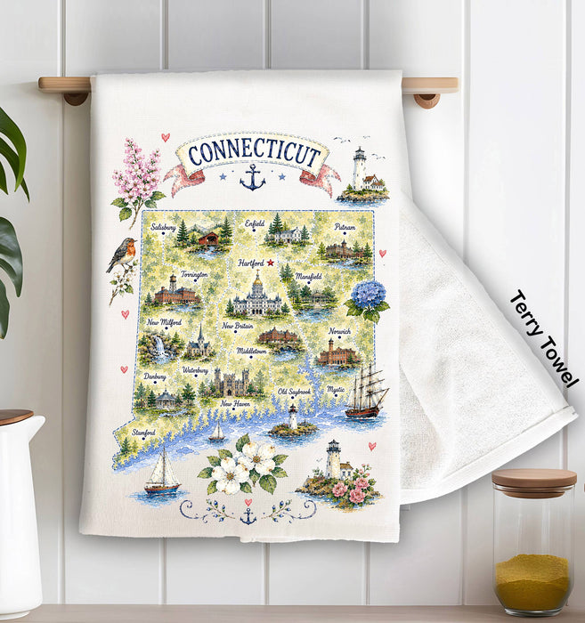 Connecticut State Map Landmark Kitchen Terry Towel