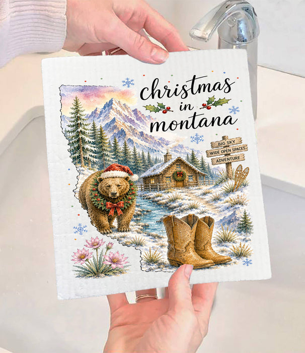 Christmas in Montana State Map Swedish Dishcloth