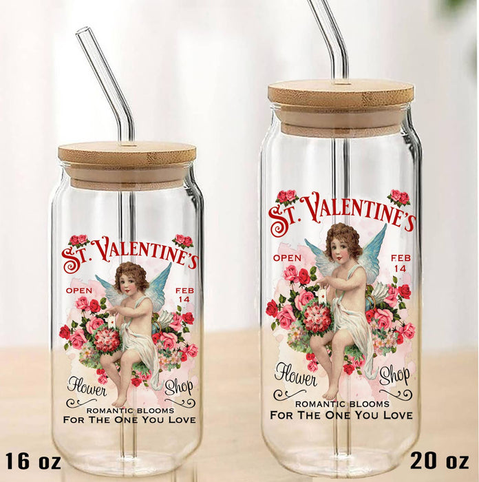 Vintage Cupid Angel St. Valentine's Can Glass with Lid Straw