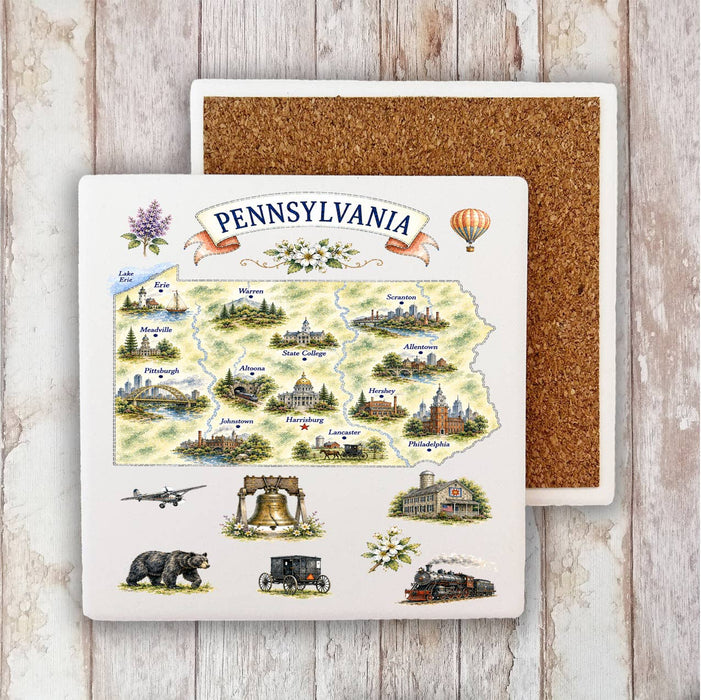 Pennsylvania State Map Landmark Stone Coaster