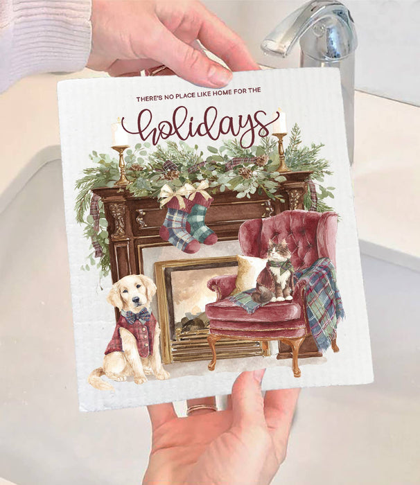 Christmas Home for The Holidays Fireplace Swedish Dishcloth