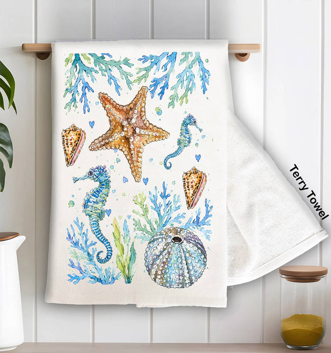 Coastal Blue Starfish Sea Horse Ocean Kitchen Terry Towel
