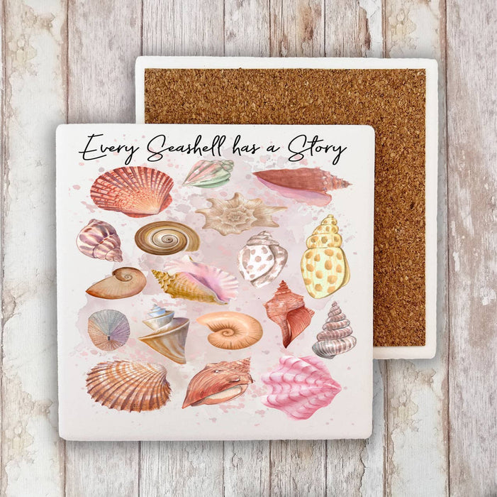 Seashells Has a Story Coastal Beach Stone Coaster