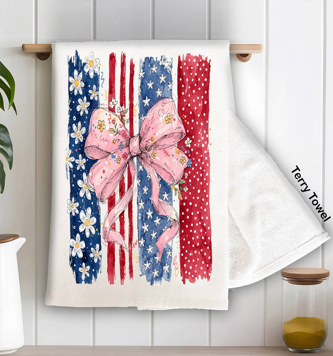 Patriotic red White Blue Bow Kitchen Terry Towel
