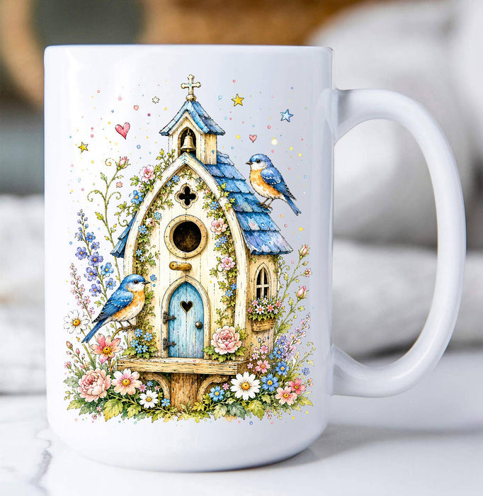 Watercolor Birdhouse Blue Flowers Coffee Mug